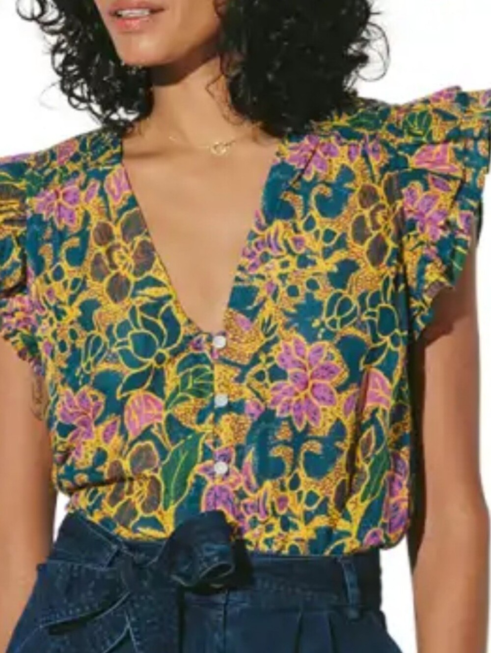 Cleobella Teal Floral V-Neck Ruffle Sleeve Blouse, Size S.